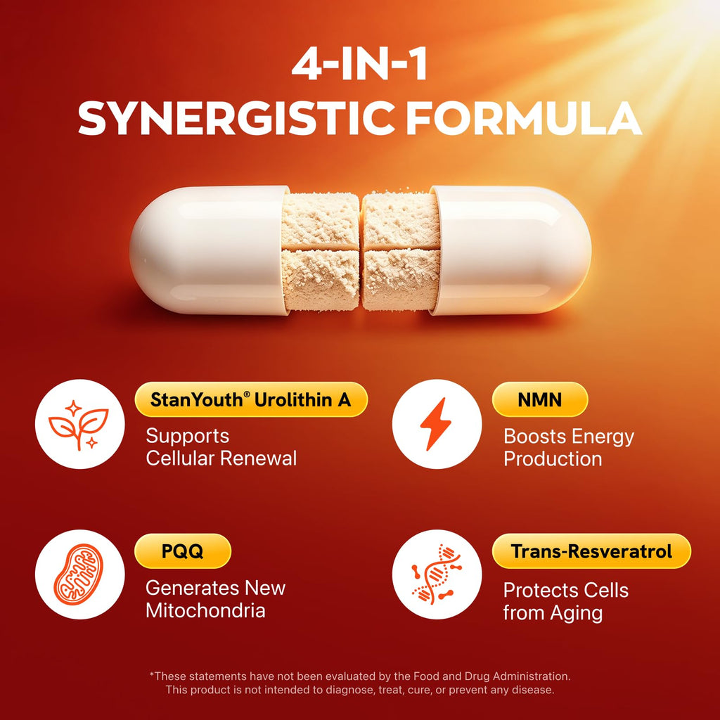 Gynable Patented Urolithin A Supplement with NMN | Trans-Resveratrol & PQQ| 4-IN-1 Complex Cellular Energy & Muscle Strength,Longevity Supplement for Sleep and Healthy Aging - Made & Tested in USA