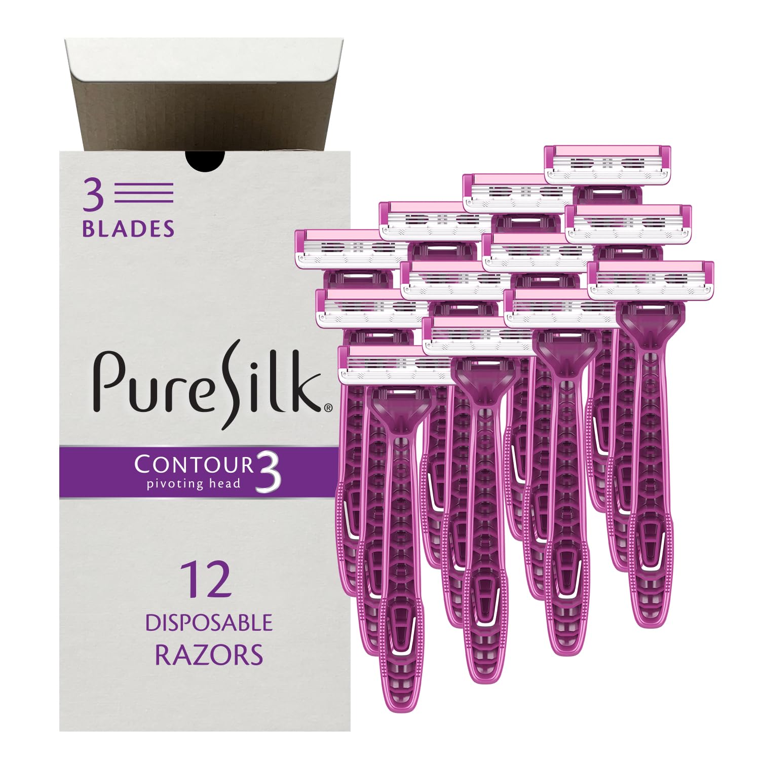 Pure Silk Contour 3 Disposable Razors for Women (3 Packs/12 Total Razors)