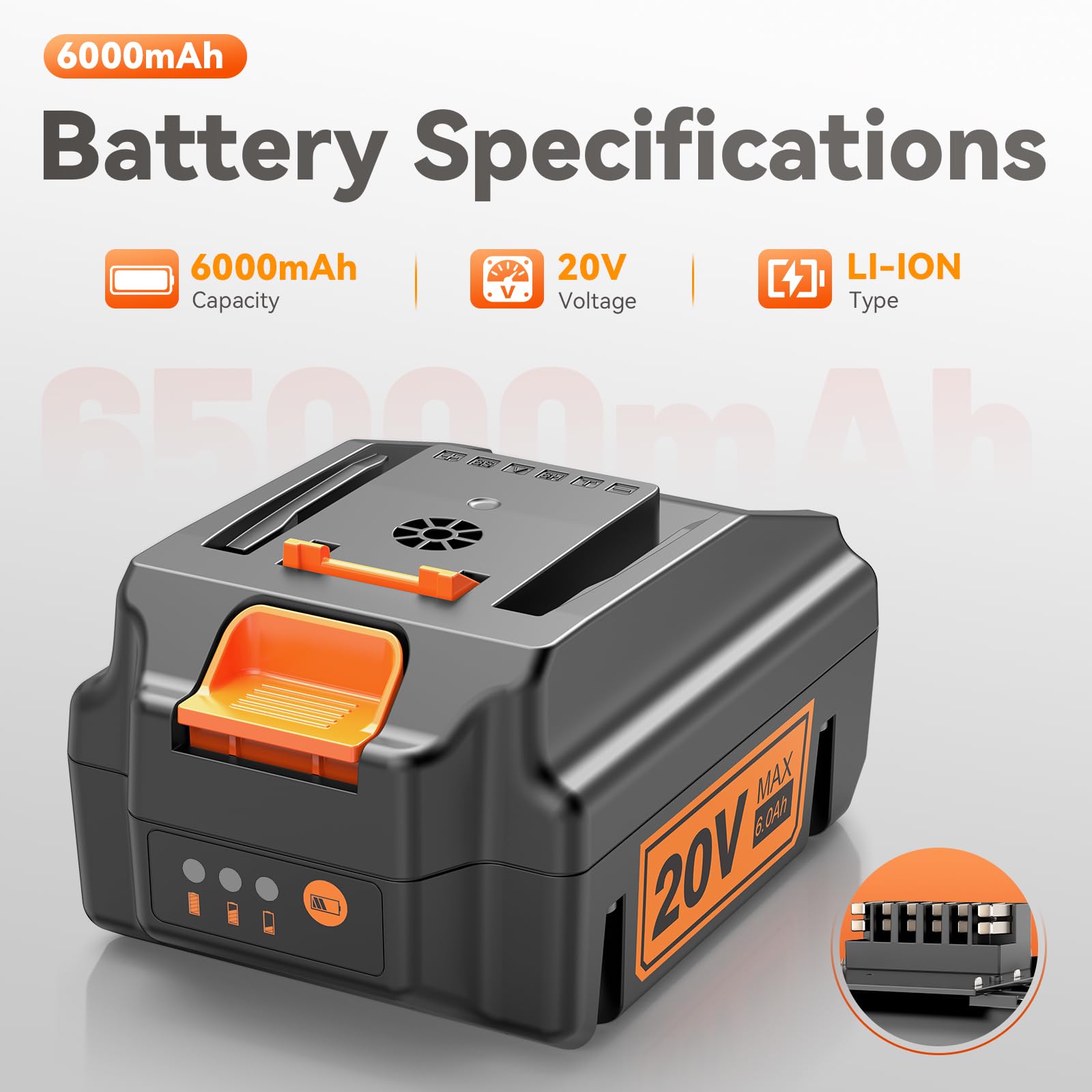 PENGJBATTER 2 Packs 20V 6.0Ah Lithium Battery Compatible for Worx 20V Power Share Battery WA3575 WA3525 WA3520 WA3742 WG155s WG251s WG255s WG545s WG890 WG891, Compatible with Worx 20 Volt Tools