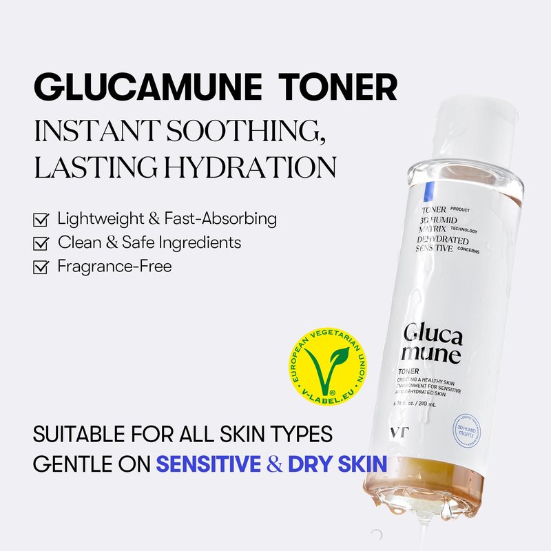 VT COSMETICS Glucamune Facial Toner with Snow Mushroom, Hydrating & Soothing for Dry, Sensitive, and Combination Skin, Vegan Toner, Fragrance-Free, Korean Skincare (6.76 fl. oz.)