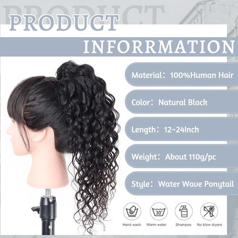 Ainimiu Water Wave Ponytail Extension Drawstring Human Hair Clip In Real Brazilian Virgin Human Ponytails For Black Women Wet And Wavy Hair Pieces Natural Black 20 Inch