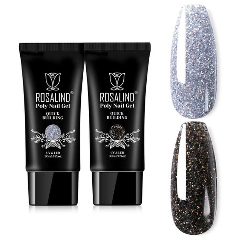 ROSALIND Glitter Black&Silver Extension Gel, 2 PCS 1oz/30ml Glitter Black Silver Poly Nail Gel kit Builder Diamond Gel for Nail Art, Nail Thickening Poly Nail Gel Tube Need UV Lamp
