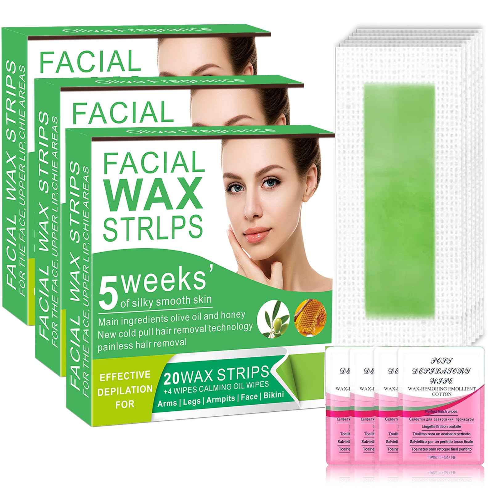 YSCFHSHC Wax Strips for Hair Removal - 98% Natural Formula for Sensitive Skin, Gentle & Fast Hair Removal on Eyebrows, Lips & Chin"- Hypoallergenic 3pcs