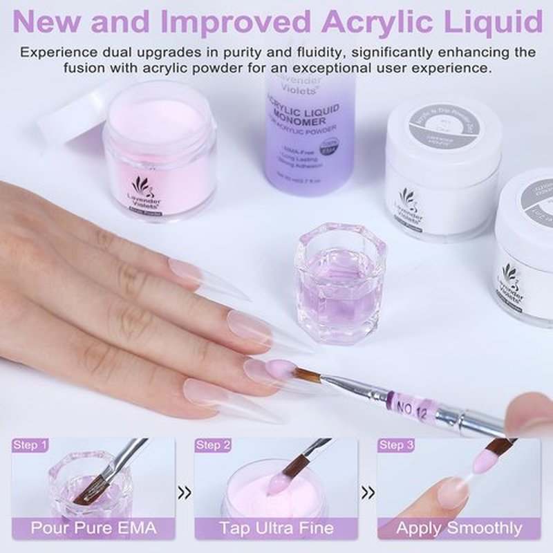 LAVENDER VIOLETS Acrylic Nail Kit for Beginners - 30g Clear White Pink Powder and 80ml Acrylic Liquid Set with Brush, Nail Forms, and Tools Professional Nail Set for Home DIY N301