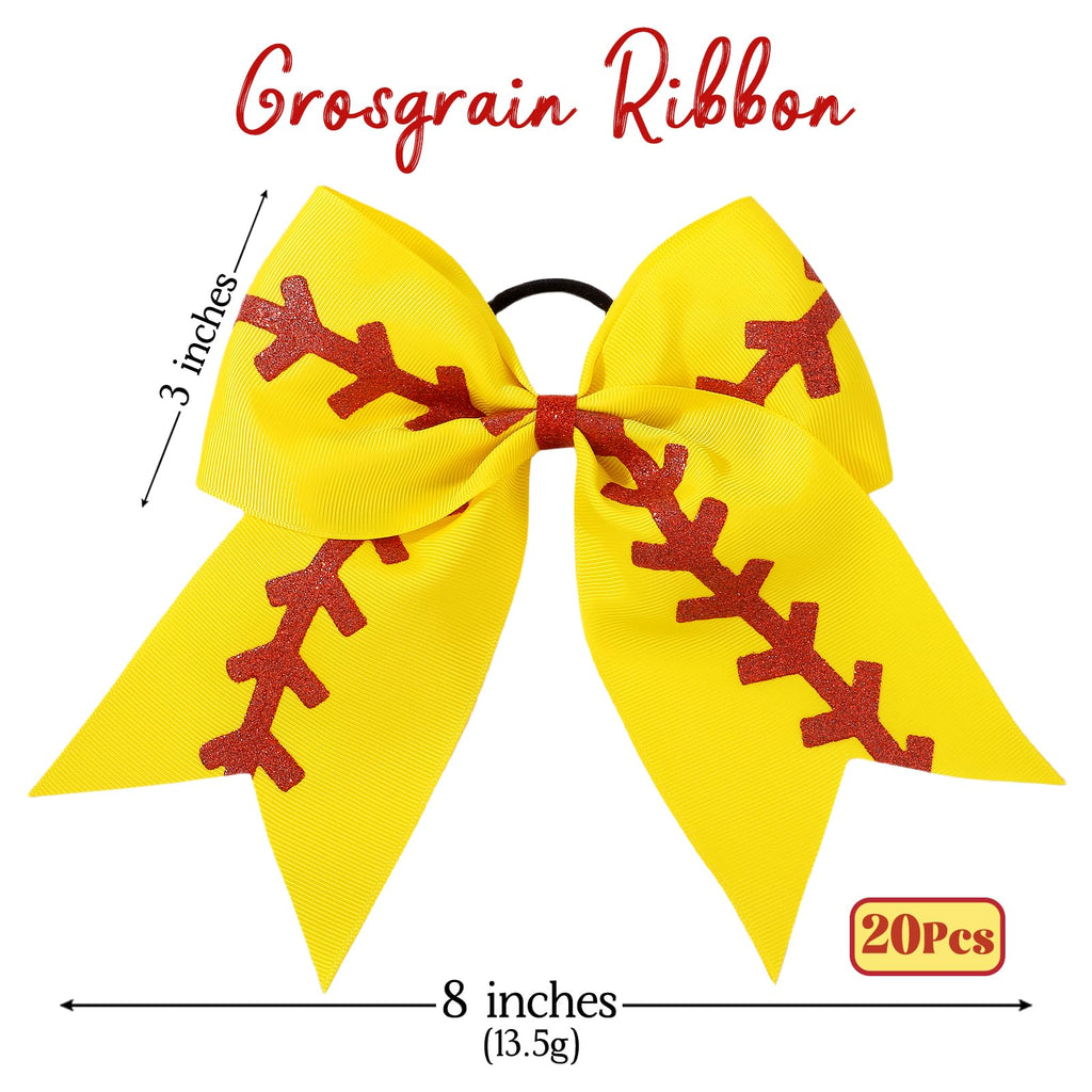 YLEN YHXX 20 PCS 8" Large Softball Cheer Hair Bows Cheerleading Bows with Ponytail Holder Elastic Band Handmade for Cheerleading Teen Girls College Sports （Softball Yellow）