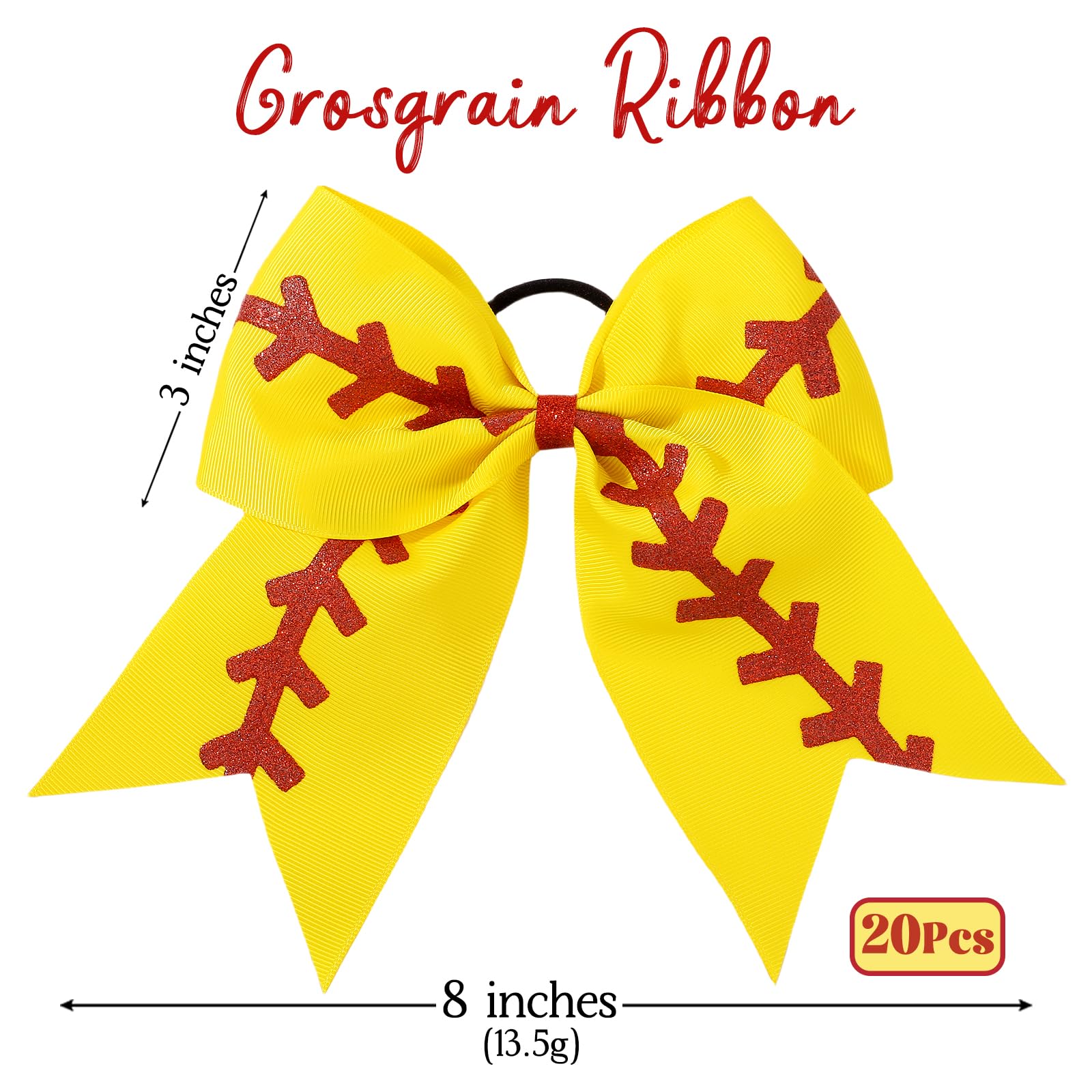 YLEN YHXX 20 PCS 8" Large Softball Cheer Hair Bows Cheerleading Bows with Ponytail Holder Elastic Band Handmade for Cheerleading Teen Girls College Sports （Softball Yellow）