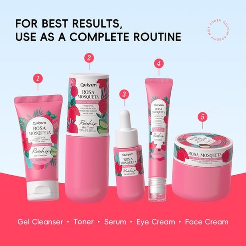 QUIYUM Skin Care Set, with Natural Rosehip Oil, Vit-C & E Skincare Kits 5 Pcs- Restore Skin Elasticity, Refine Texture, Even Tone, Moisturizing, Glowing, for All Skin Types, Mother's Day Birthday Gift