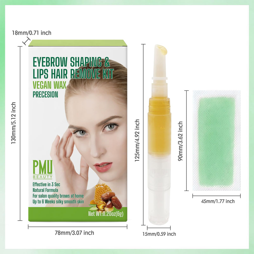 PMUBEAUTY Eyebrow Shaper Wax Kit for Women Eyebrow Facial At-Home Hair Removal with 4 Counts Ready-to-Use Wax Strips for All Hair Types Delicate Areas Cotton Strips Cleansing Wipes 0.2 Ounce