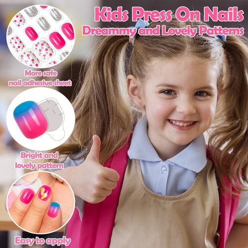 144 Pieces Fake Nails for Kids Girls Artificial Kids Press on Nails Full Cover Short Acrylic Stick On Nails False Nail Tips Kit for Children Little Girls Nail Art Decoration (pink style)