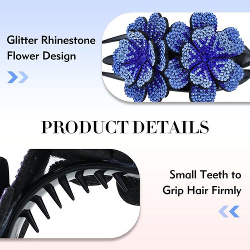 Dizila 4 Pieces Fancy Sparkly Rhinestone Double Flower Hair Clips Barrettes with Three Prongs Prom Party Wedding Hair Accessories for Women Girls Thick Hair