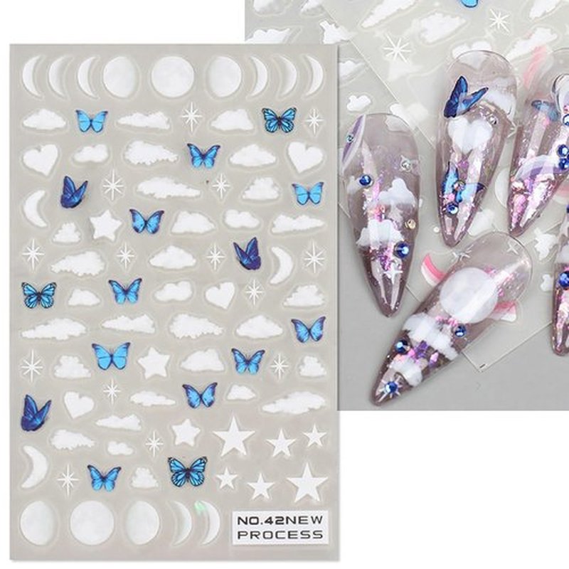 SILPECWEE 7 Sheets 5D Cloud Nail Stickers for Women, Girls & Kids - French Stripe, Star, Butterfly, Marble Nail Art Stickers - White Nail Decals - Self Adhesive Nail Designs