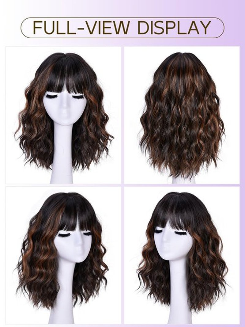 CURLCRAZY Short Wavy Wig with Bangs for Women Curly Wigs Natural Wavy Synthetic Wigs for Daily Party Cosplay(Brown Highlight)