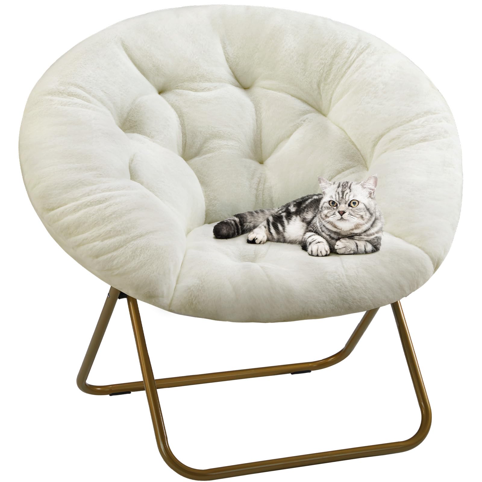 DUMOS Comfy Saucer Chair, Faux Fur Lounge Seasting XL Circle Chair for Bedroom, Dorm & Gaming, Foldable Fashion Accent Seat for Small Spaces, Folding Moon/Mushroom/Round Oversized Style,White