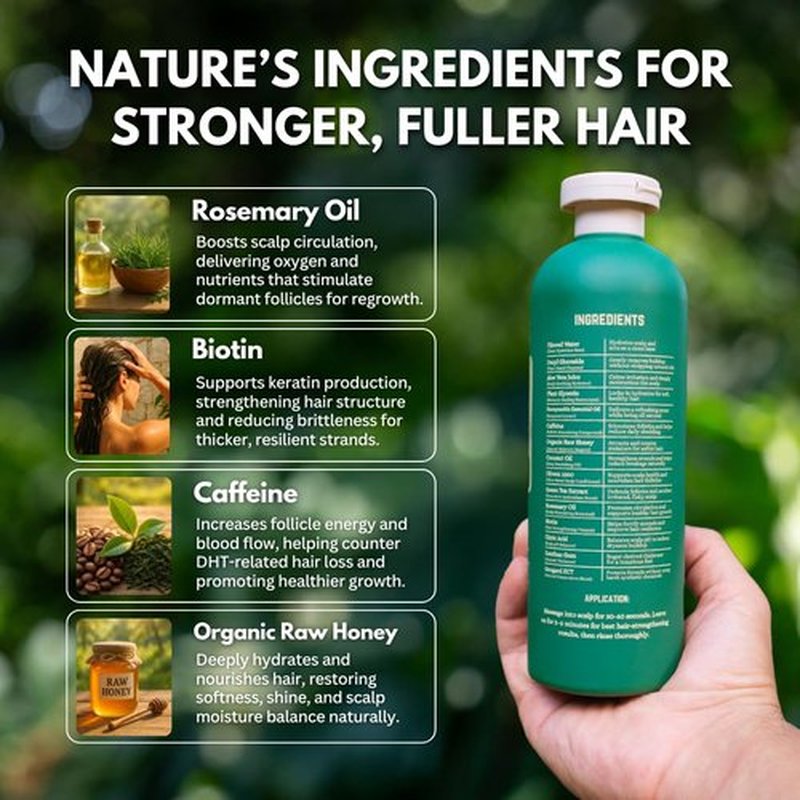 PRIMALS Hair Strengthening Shampoo - Caffiene, Biotin, Raw Honey, Rosemary Oil - Anti Hair Thinning - Natural Ingredients - Zero Artificial Fragrances, Sulfates, Parabens, or Dyes - 13.5 Fl Oz