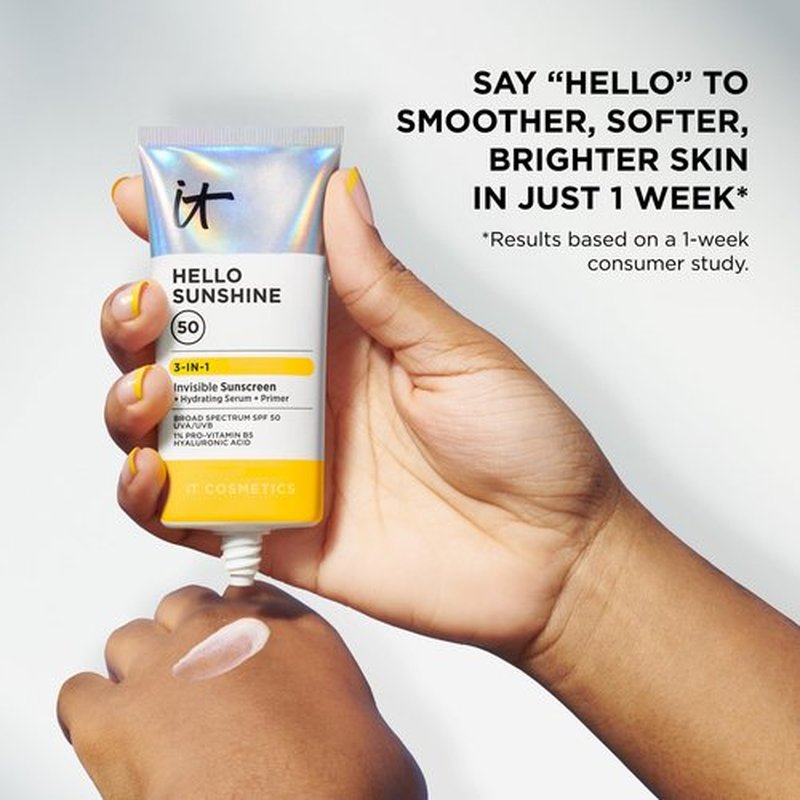 IT Cosmetics Hello Sunshine Invisible Sunscreen for Face SPF 50 - Sunscreen, Hydrating Serum & Makeup Primer - 1% Pro-Vitamin B5 & Hyaluronic Acid - HSA/FSA Eligible - No White Cast - 0.5 fl oz