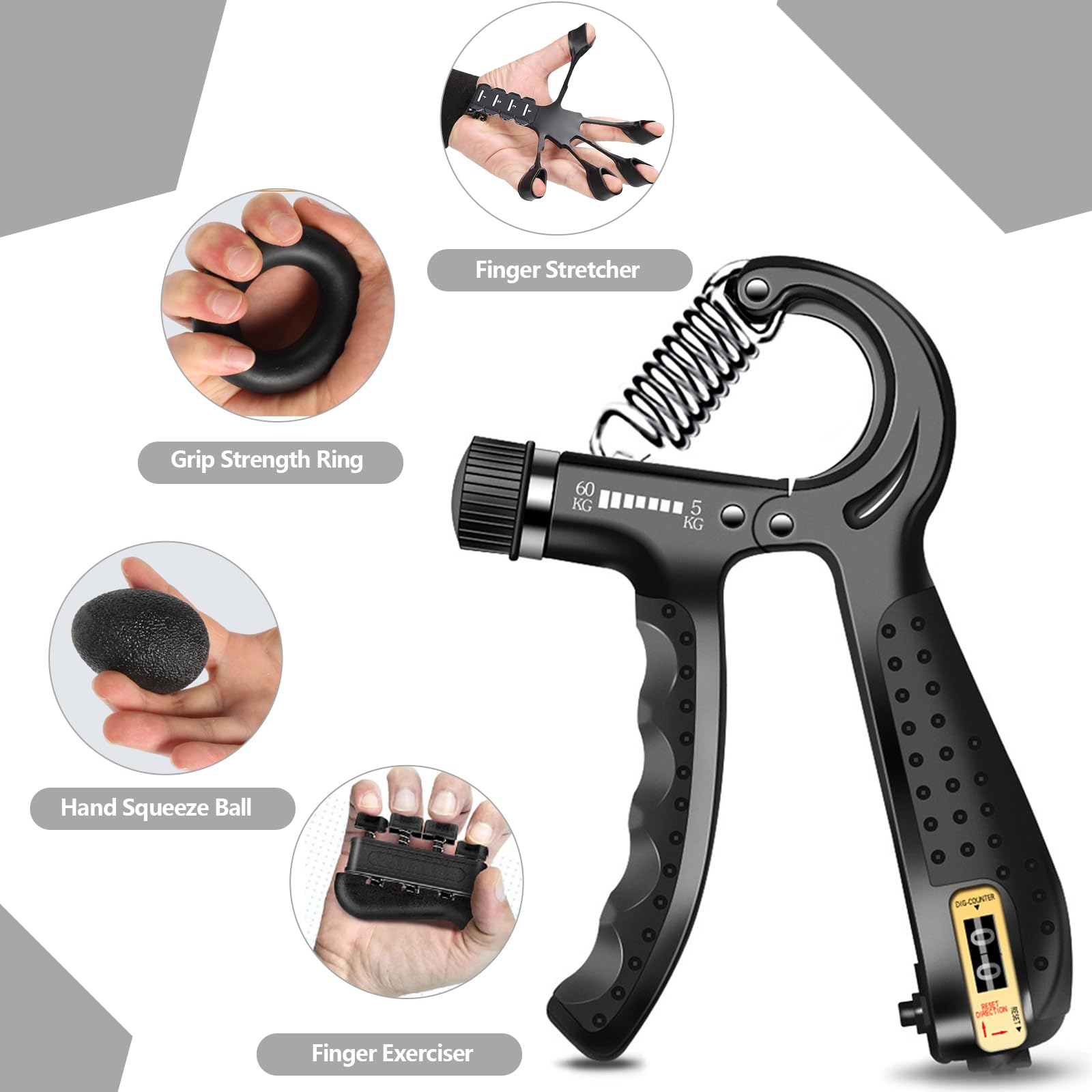 Grip Trainers, Including Forearm Strengtheners, Finger Trainers, Mechanical Counting Grips, Grip Balls, Hand Grippers, Strengthening Devices for Strength Training, Grip Improvement and Hand Exercises (5-Pack)