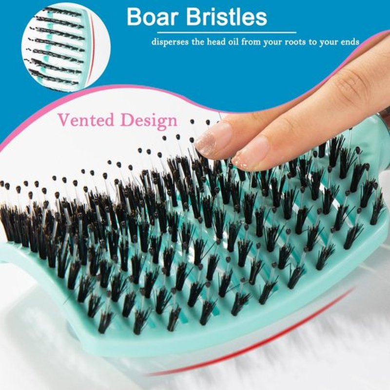 TaiBest Boar Bristle Hair Brush Set - Dry/Wet Hair Brush Detangler for Fine, Thick, Curly Hair - Curved and Vented Brush for Women, Men or Kids (Green & Apricot Pink)