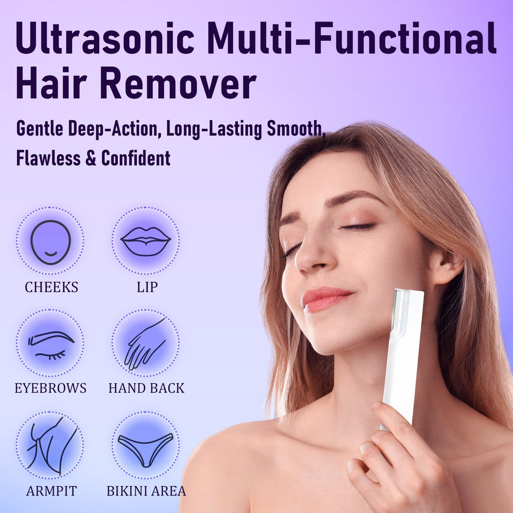 Rechargeable Sonic Dermaplaning Tool for Face - 7 Refill Blades with Travel Storage Bag, Facial Hair & Peach Fuzz Remover for Women (White)