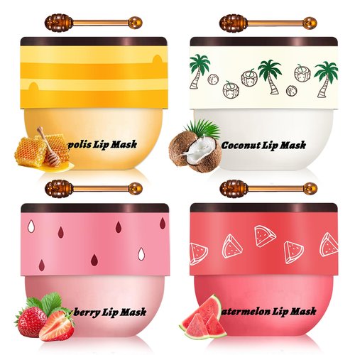 LZXLUKGIR 4PCS Honey Lip Balm Hydrating Honey Lip Mask Overnight Propolis Bee Lip Balm Prevention Dry and Cracked Lip Scrub Exfoliator (Honey+Strawberry+Coconut+Watermelon)