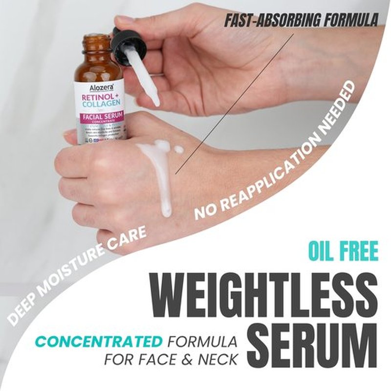 Alozera Retinol Collagen Serum for Face with Plant Stem Cell & Peptides, Anti Aging Facial Serum for Fine Lines & Wrinkles, Tighter & Firmer Skin, Fast-Absorbing, Non-Greasy, Day & Night Serum