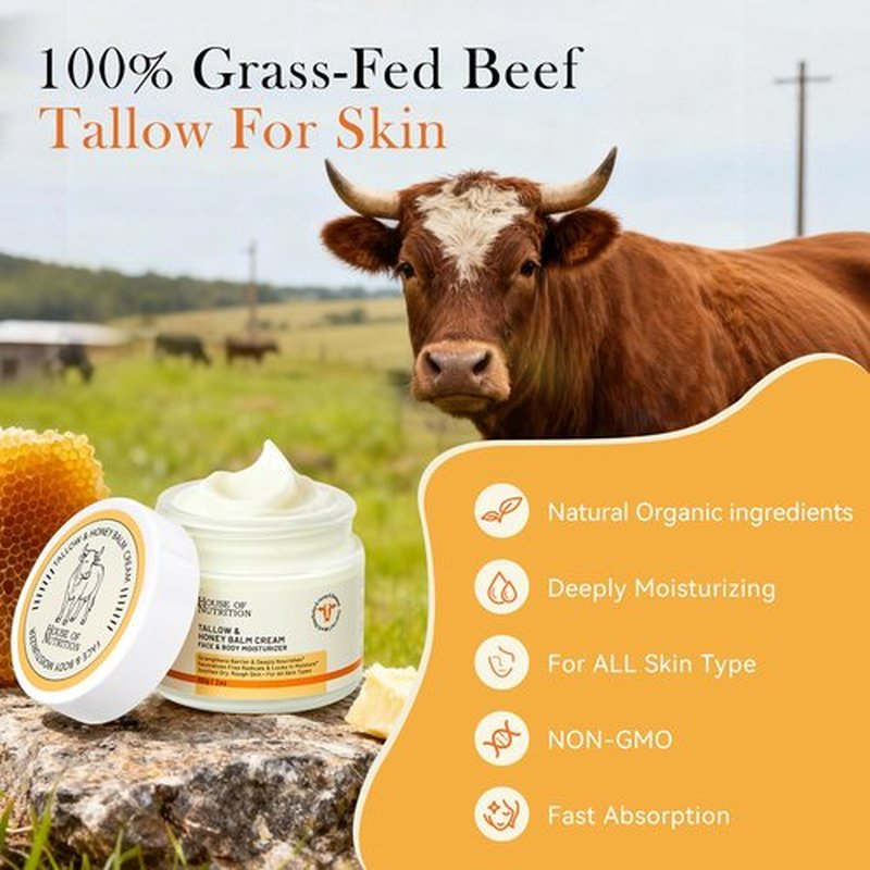 Beef Tallow for Skin – Grass-Fed Whipped Tallow and Honey Balm – Deeply Nourishing Face & Body Moisturizer – 100% Natural Barrier Repair Cream for Dry & Sensitive Skin, Unscented, 2 oz
