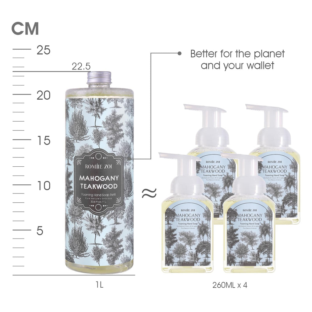 ROMIIE ZOI Foaming Hand Soap Refill Gift Set – Teakwood Scent – 3 Pack (1000ML Each) with Dispenser – Gentle & Moisturizing Plant-Based Formula – Bulk Refill Bottles for Bathroom & Kitchen Use