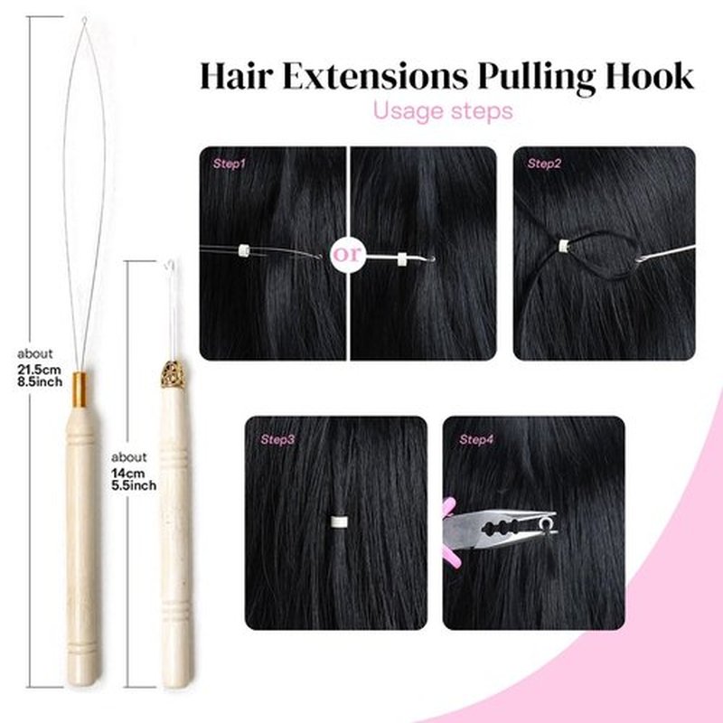 Kraler Hair Extension Tools Kit 200 Silicone Beads 1 Three Hole Pliers 2 Sewing Thread 1 Loop Tool 1 Crochet Hook 4 Types Sewing Needles 1 Bag Black Mini Rubber Hair Elastic with Storage Case (Black)