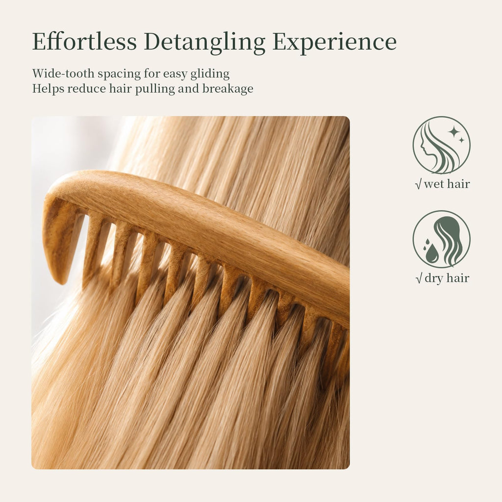 Onedor Handmade 100% Natural Green Sandalwood Hair Combs - Anti-Static Sandalwood Scent Natural Hair Detangler Wooden Comb (Extra Wide Tooth)