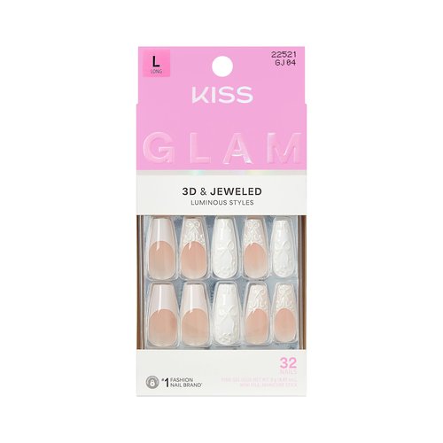 KISS GLAM Jeweled Press On Nails, Breath of Harmony, White, Long, Coffin, 32 Count