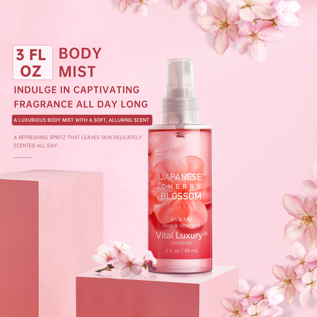 Bath and Body Gift Set – Japanese Cherry Blossom Spa Kit for Women, 3PC Travel Size Set with Shower Gel, Body Lotion, and Fragrance Mist, Body Care Set for Gifting, Bridesmaid Gifts
