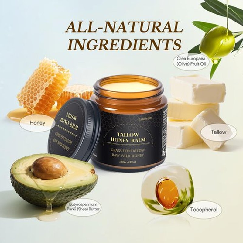 Lazibudgha Beef Tallow for Skin, Tallow and Honey Balm for Face, Grass-Fed Tallow for Body, Deep Nourishing 4.2 oz / 120g