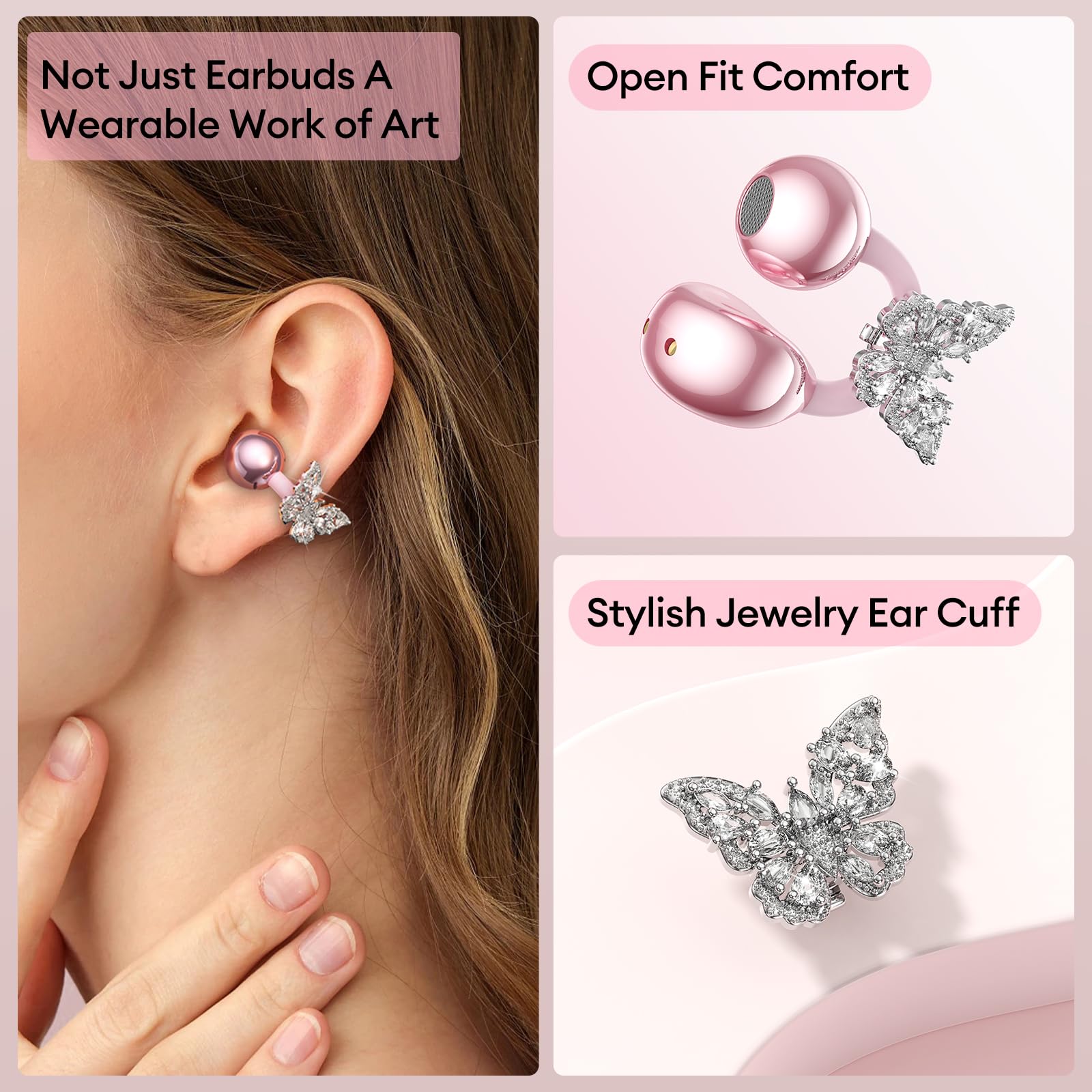 PAXA Stylish Open Ear Clip On Earbuds with Removable Butterfly Earring, Clip On Headphones with LCD Touch Screen, Fashionables Open Ear Headphones for Women, Butterfly Earring Rose Gold Earbuds