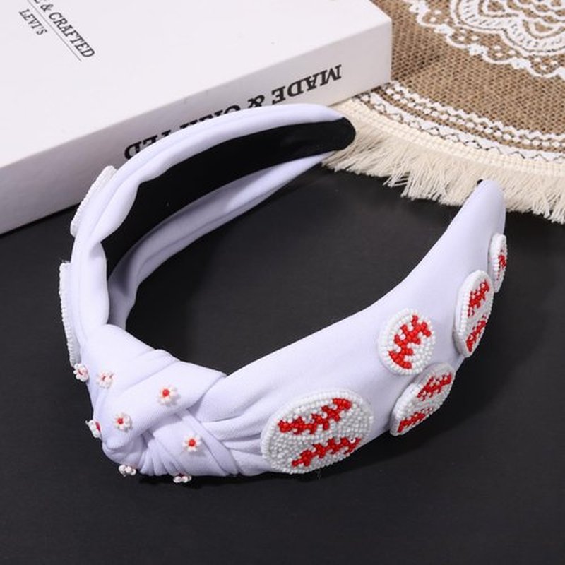 Sport Baseball Beaded White Headband for Women Teacher Beaded Baseball Charm Jeweled Embellished Hairband Fashion Elegant Ladies Wide Top Knot Headband for Game Day Jewelry Hair Accessories Gifts