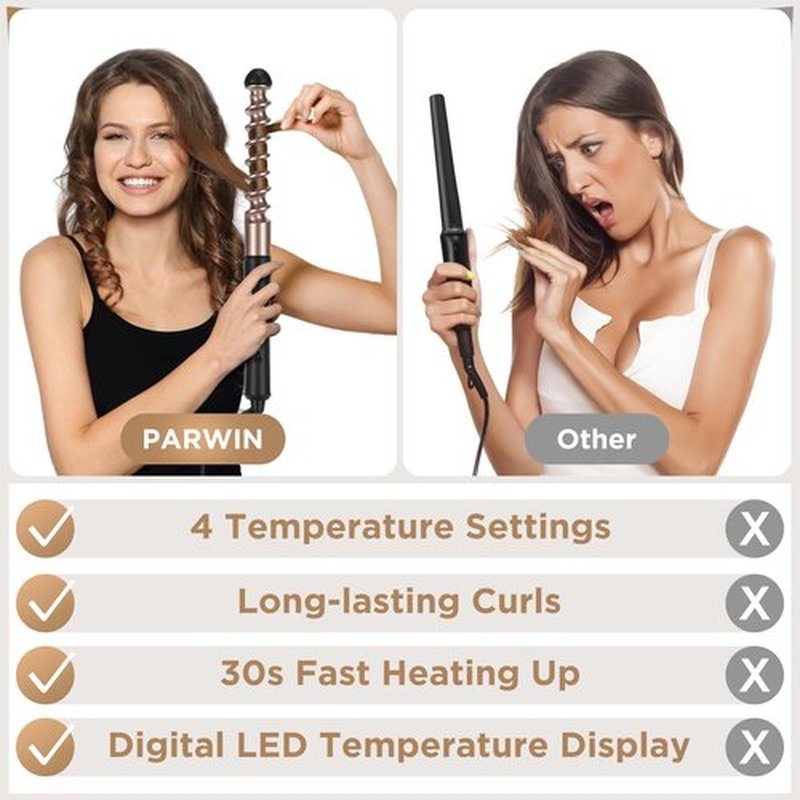 PARWIN PRO BEAUTY 5 in 1 Curling Iron Set with 1 Extra Long 9" Spiral Wand, Professional Hair Wand Curler, Up to 450F, LED Display, Gold, Includes Heat Protective Glove & 2 Clips
