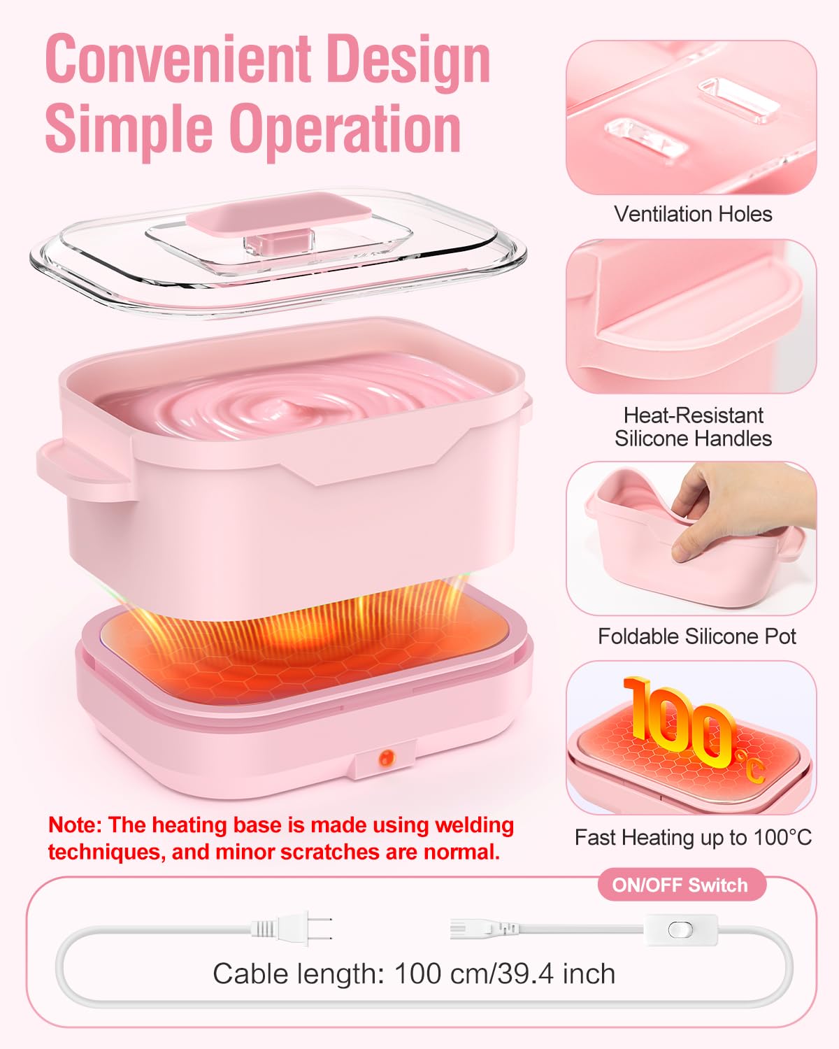Waxing Kit, Silicone Wax Warmer with 4 Packs Hard Wax Beads, Protable Hot Wax Machine Pot for Full Body, Face, Eyebrows, Legs, Bikini, At Home Hair Removal Kit with 15 Accessories for Women Men, Pink
