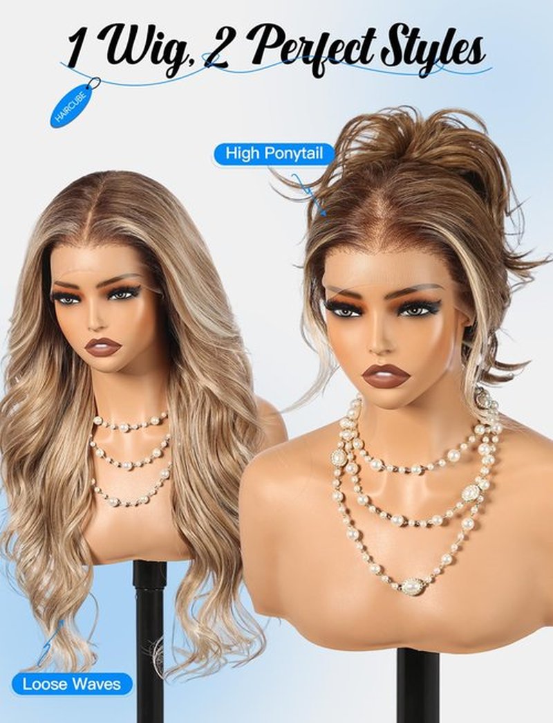HAIRCUBE 13×6 Glueless Lace Front Wavy Wig, 26 Inch Lace Synthetic Wigs for Women Brown Highlights Color