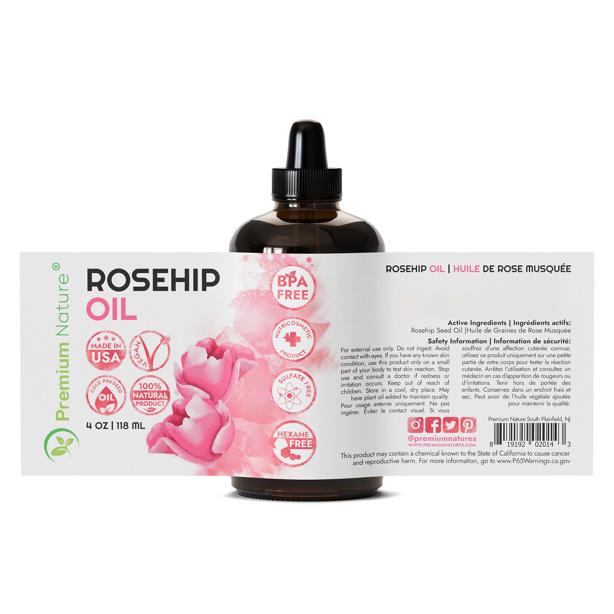 Premium Nature Rosehip Oil For Face for Women, Rosehip Seed Pure Cold Pressed Unrefined For Hair and Nails Skin Care Moisturizer, Rose Hips Face Oils and Serums 4 oz