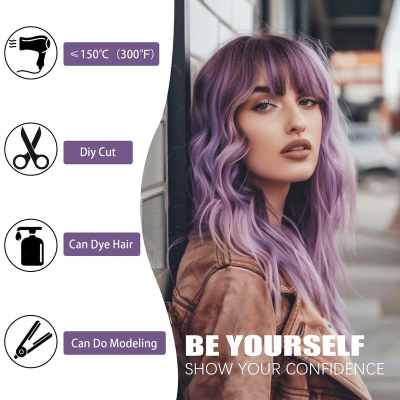 Xinran Purple Wavy Wig with Bangs for Women 18 Inch Medium Length Natural Synthetic Hair Heat Resistant Long Ombre Purple Wigs with Dark Roots for Party Cosplay Daily Halloween