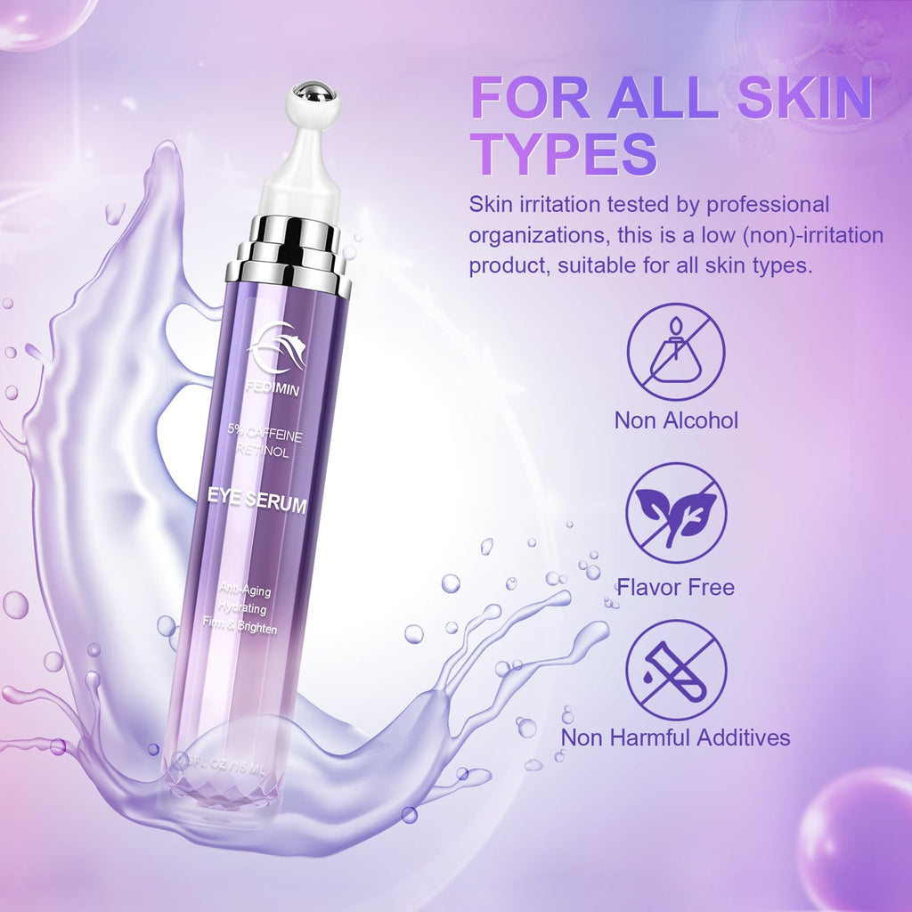 5% Caffeine Eye Cream for Dark Circles Under Treatment Eye Serum for Wrinkles Fine Lines, Retinol Under Cream for Puffiness and Bags with 360° Massage Roller-Ball