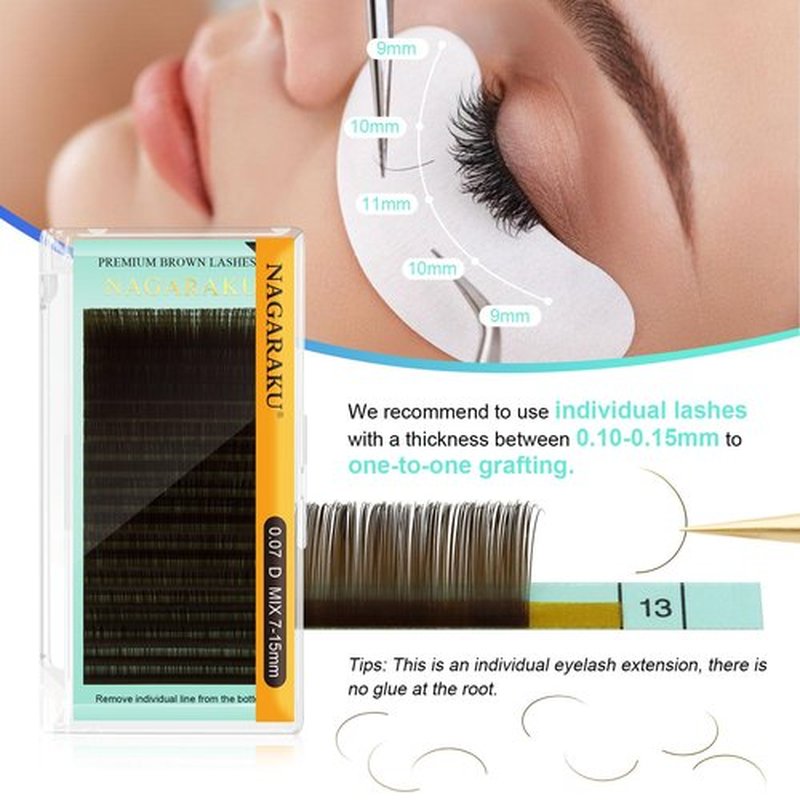 NAGARAKU Natural Brown Color Individual Eyelash Extensions Classic Lashes Faux Mink Soft False Eye Lashes Supplies 20 Rows(0.07mm C curl 11mm)