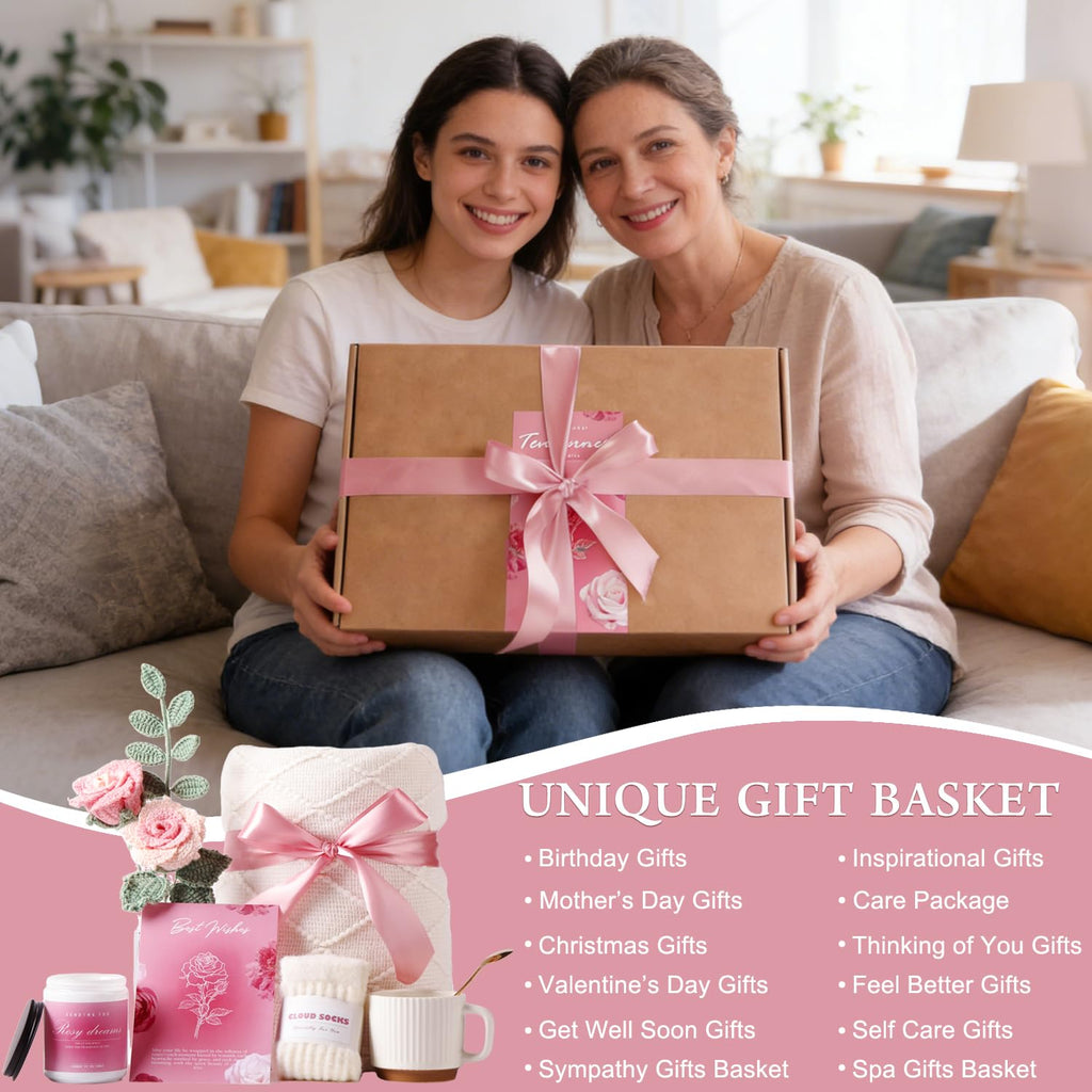 Birthday Gifts for Women, Pink Gift Basket, Get Well Soon Care Package for Women, Hug in A Box, Self Care Gifts for Mom Friend Sister Wife Girlfriend Coworker Teacher Nurse