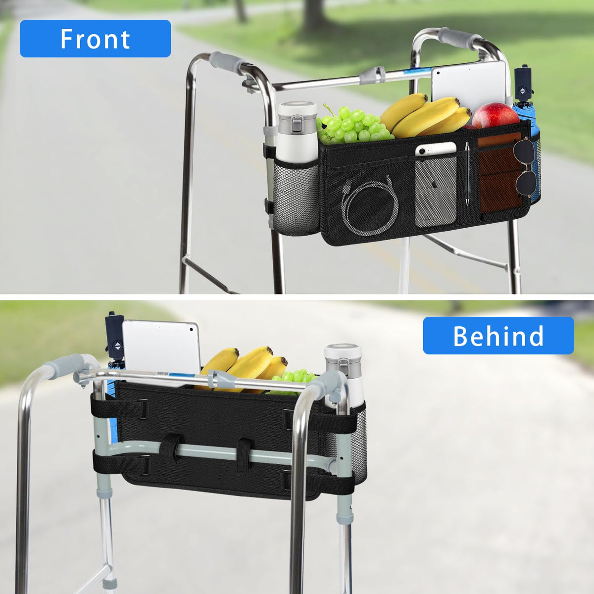BOHEMIABY Foldable Walker Basket with Cup Holder, Large Walker Bag & Easy Installation, Walker Accessories for Seniors with Limited, Walker Pouch for Water Bottles, Books, Essentials & More