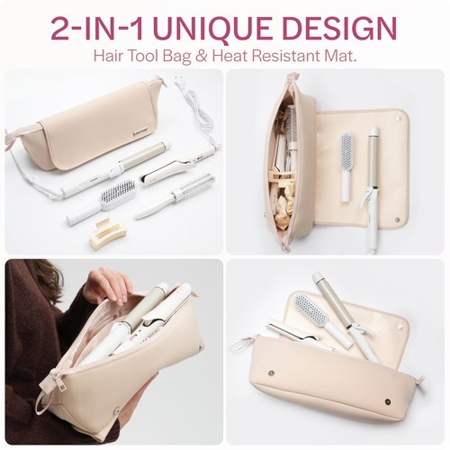 Aerotrunk Hair Tools Organizer - Hot Hair Tools Travel Bag with Heat Resistant Mat, Large Capacity Pouch for Flat Irons, Curling Wands, Hair Dryers - Beige