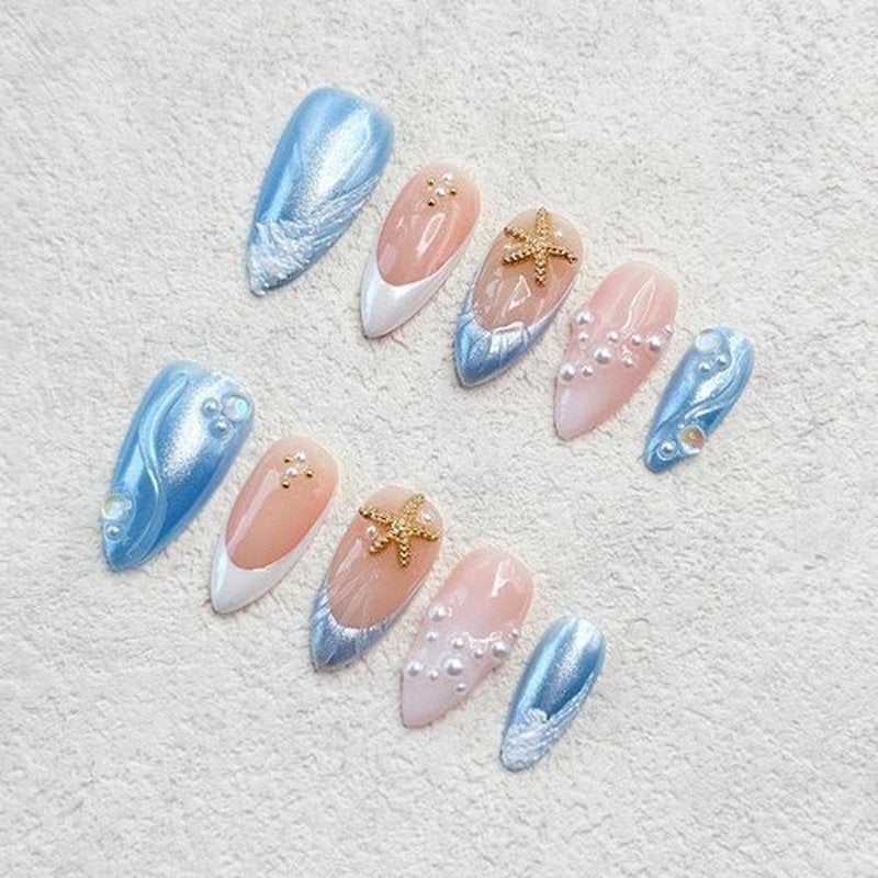 Handmade Medium Almond Press on Nails with Glue, Glitter Blue Ocean Fake Nails with 3D Floral Design French Nails Press ons Nude Pink False Nails Muti-Layer Gel Acrylic Nail for Women (Size S)