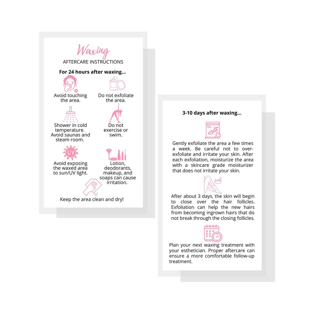 Waxing Aftercare Cards | 50 Pack | Size 2 x 3.5” inches Business Card Size | Waxing Aftercare Kit Cards PMU | Aftercare Instructions White with Pink Icons Design