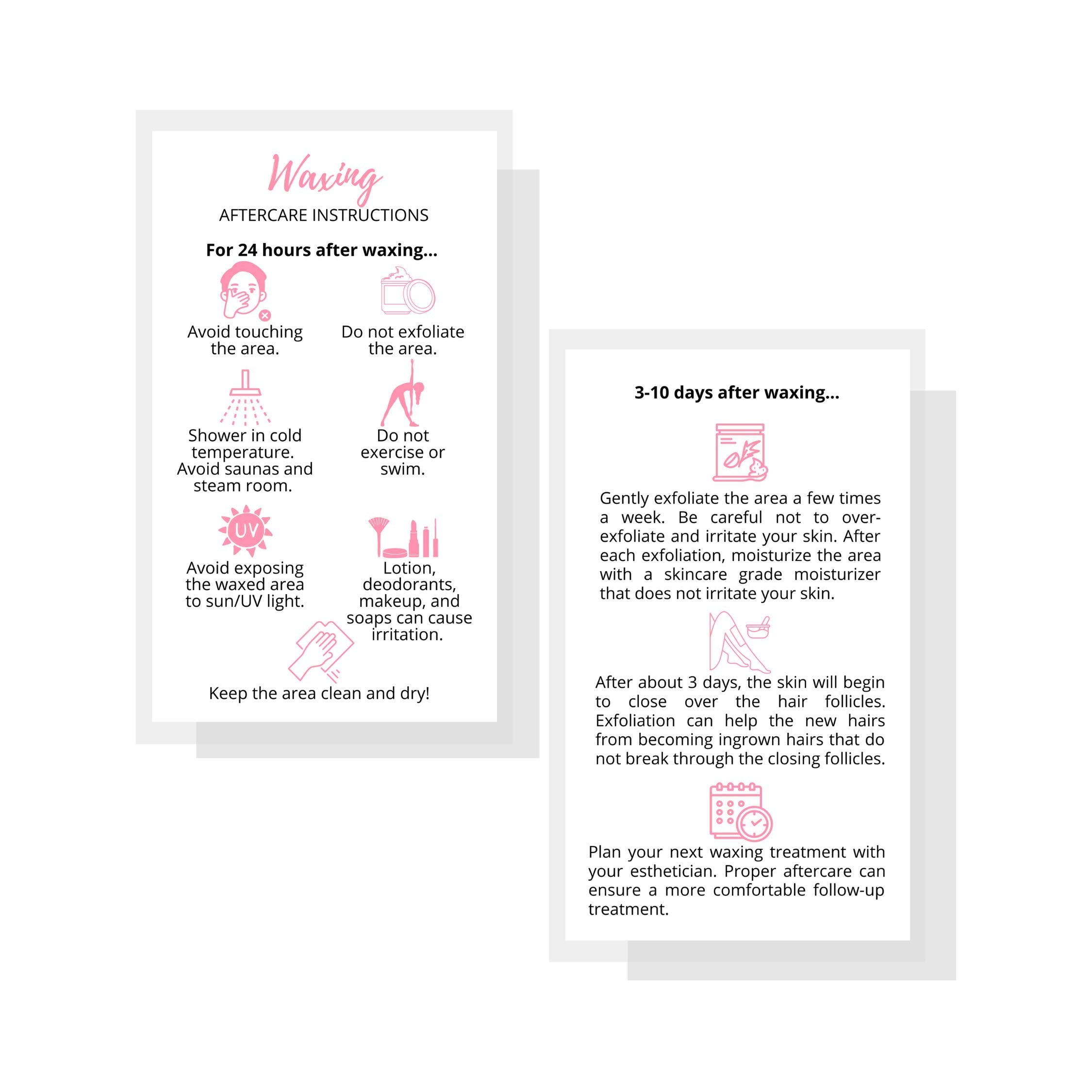 Waxing Aftercare Cards | 50 Pack | Size 2 x 3.5” inches Business Card Size | Waxing Aftercare Kit Cards PMU | Aftercare Instructions White with Pink Icons Design