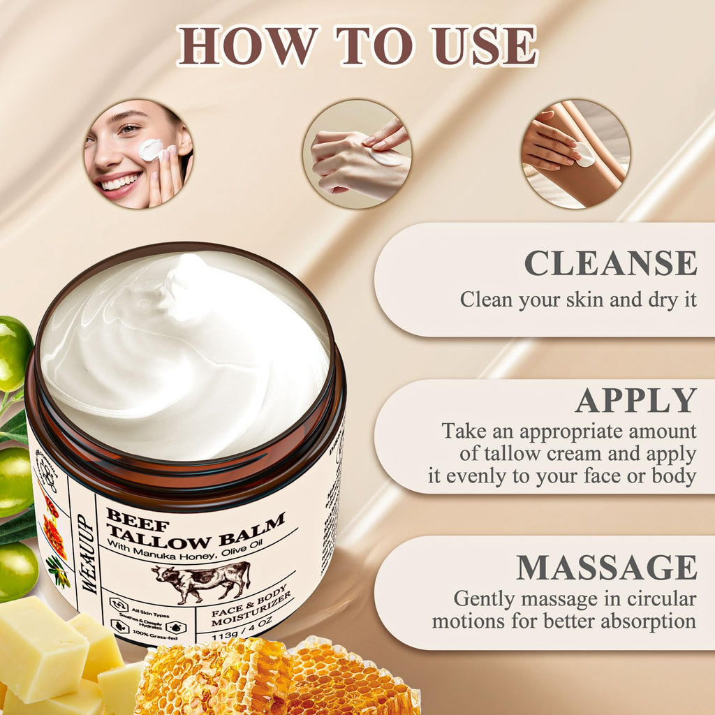 WEAUUP Beef Tallow for Skin, Organic Grass Fed Whipped Beef Tallow Balm, Tallow and Honey Balm with Raw Honey and Beeswax, Nourishing Moisturizer for Face & Body Natural Skin Care for Soft