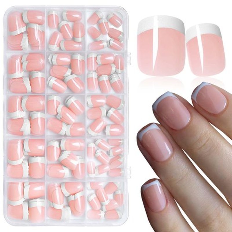 300pc White French Tips Press on Nails Short Square Fake Nails with Glue Tabs, Short Nails Press ons Nail Square Nude Pink Acrylic Nails French False Nail Artificial Fingernail 15 Sizes for Women