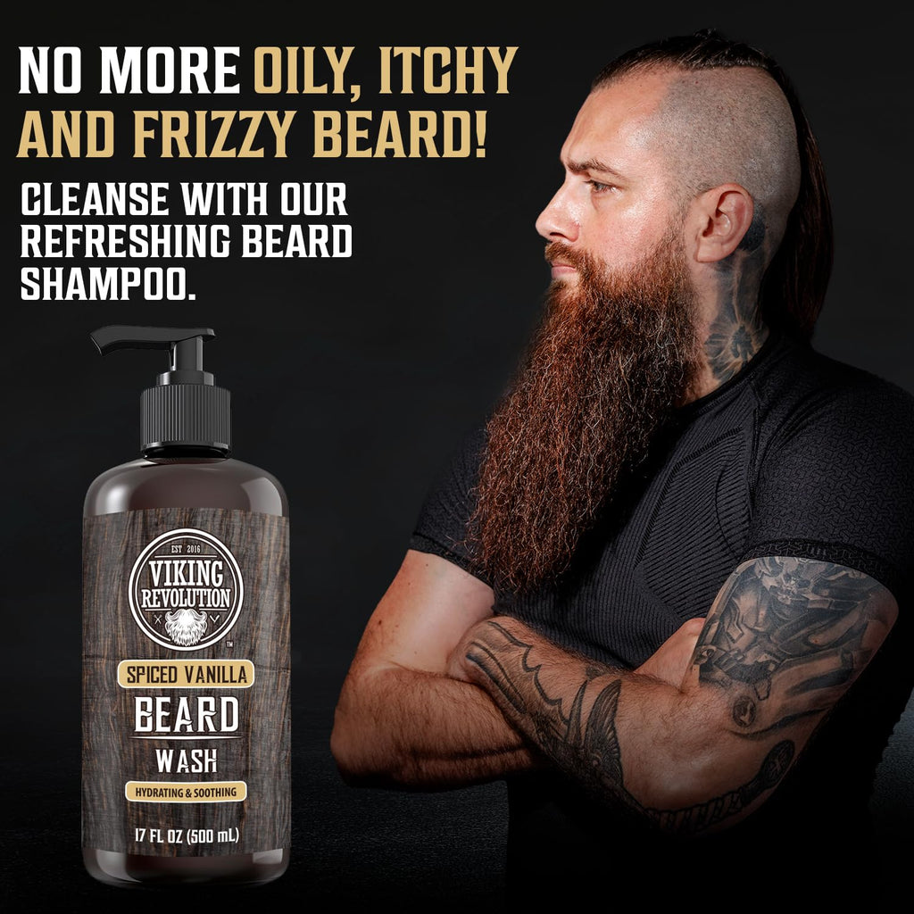 Viking Revolution Spiced Vanilla Beard Wash for Men with Argan Oil and Jojoba Oil - Beard Softener and Strengthener Beard Shampoo with Beard Oil - Beard Care to avoid Beard Dandruff and Itch (17 oz)