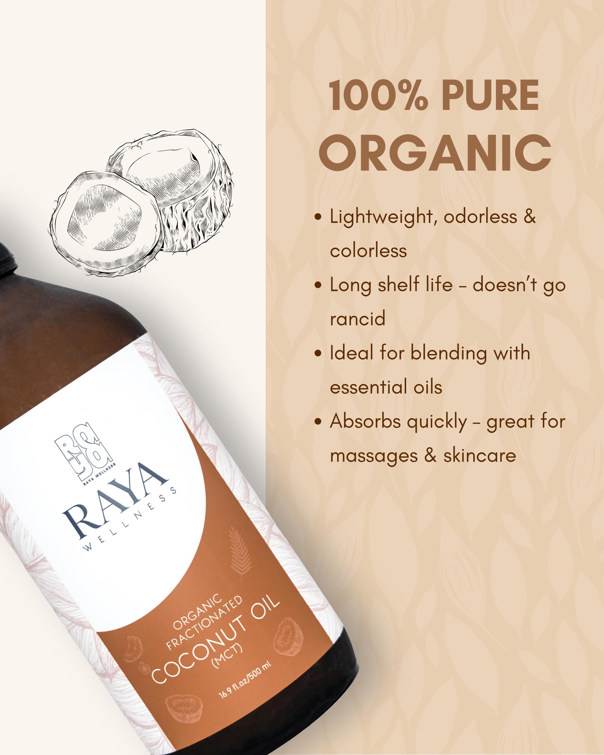 Raya Wellness - USDA Organic MCT Coconut Oil - Fractionated - Cold Pressed, Hexane Free - Glass Bottle - 16.9 fl oz (500 ml)